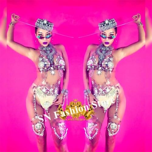 K57 Sexy female bodysuit dj stage wears Rhinestone Transparent headdress ballroom dance costumes bar models outfit dress bikini