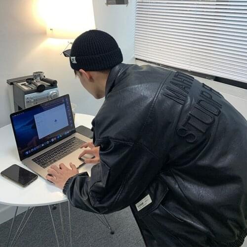 Embroidery Design Leather Jacket Mens Cargo Faux Leather Coats Simple Black Loose Lapel Multi-pocket Tops Hip-hop Men Clothes