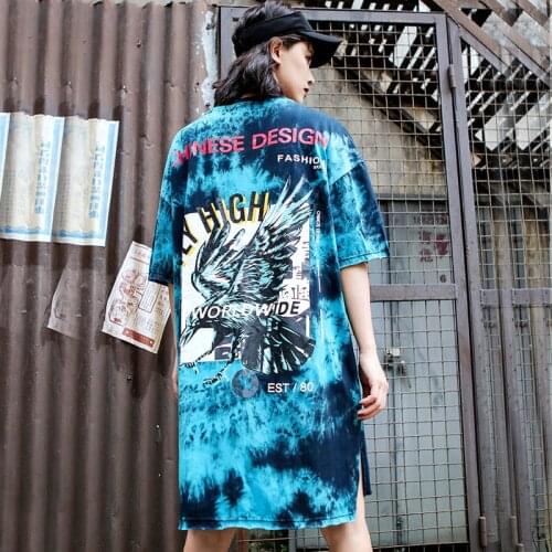 Summer Casual Blue Cotton T shirt Women Loose Casual T-Shirt Eagle Pattern Letters Tops Punk Style Tee