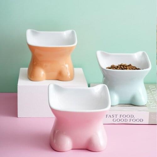 Small Q bowl ceramic high-foot oblique mouth cat bowl pet bowl cute high-foot bowl cat and dog food bowl cervical spine cat food
