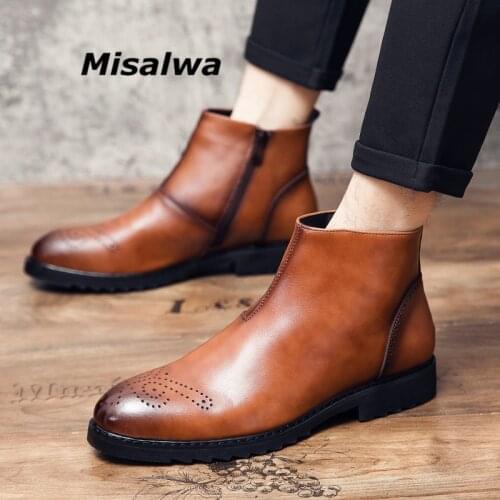 Misalwa Zip Genuine Leather Men British Boots Italian Mens Chelsea Boots Carved Brogue Dress Formal Shoes Tide