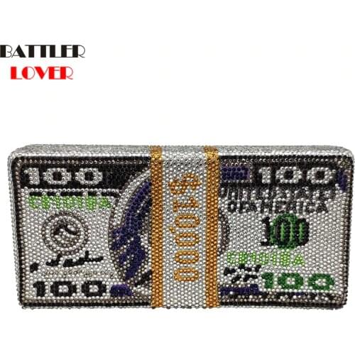 Fashion Stack of Cash Funny Money Women Crystal Box Clutch Evening Bags Ladies Cocktail Party Purses Handbags Shoulder Bag Hasp