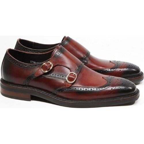 New Office Men Work Formal Brogues Monk Shoes Vintage Wing Tip Luxury Cow Real Leather Wedding Dress Shoes Slip On Loafers Homme