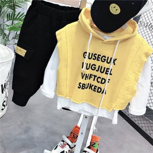 2 3 4 5 6 Years Toddler Boys Hoodies Casual Korean Letter Print Hooded Sweatshirt For Boys Fake Two Pieces Children Pullovers