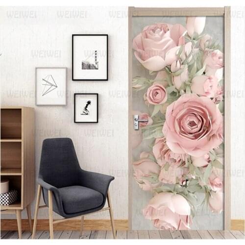 European Style Pink Rose Door Sticker For Living Room Bedroom Study PVC Self-adhesive Door Decor Art Mural Creative 3D Decals