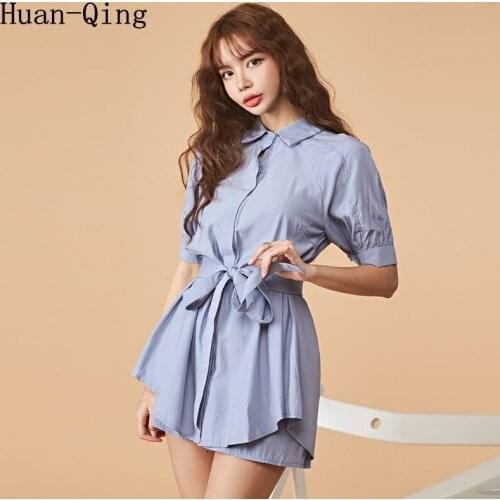 New Korean Summer Office Lady 2 Piece Set Women Turn-Down Collar Long Chiffon Blouse Tops + High Waist Shorts Two Piece Set Suit