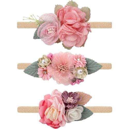 Newborn Baby Artific Flower Pearl Headbands for Toddler Girls Retro Handmade Nylon Elastic Hairbands Floral Hair Bands