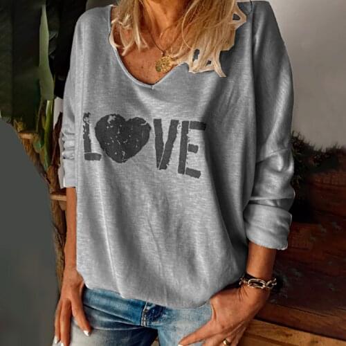 LOVE Letter Printed Womens T-shirt Long Sleeve V Neck Loose Tee Shirt Femme Plus Size Women T Shirt Top Camisetas De Mujer 2020