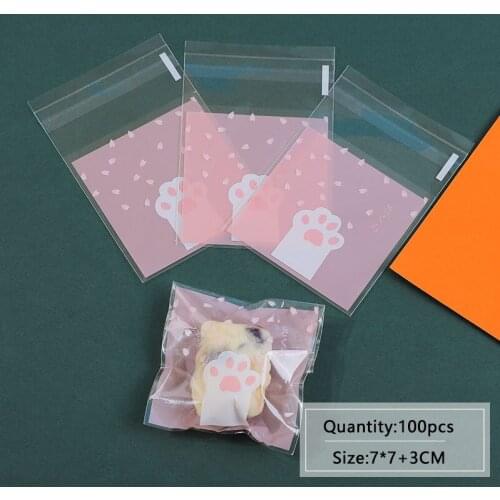 100pcs/lot Cookies Self Adhesive Bag Bottom Cartoon Cat Claw Homemade Handmade Transparent Soap Biscuits Birthday Party Gift Bag