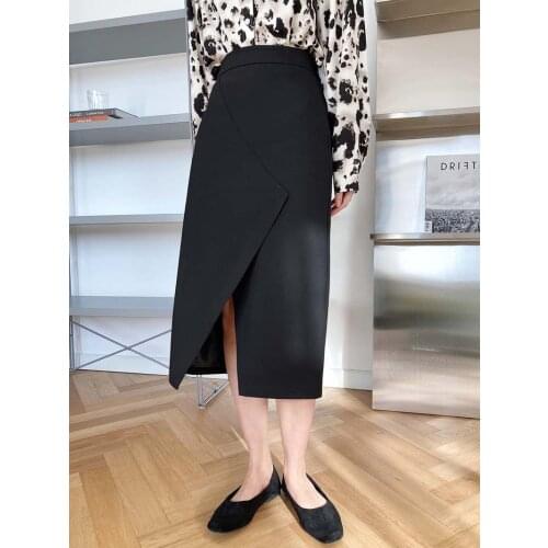 LMQ NEW 2021 Early Spring Irregular A-Line Midi Skirt Fashion Design High Waist Bag Hip Front Slit Skirt