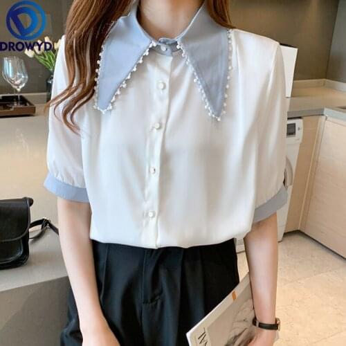 Luxury Plus Size French Beaded Peaked Lapel and Long Sleeve Chiffon Shirt Womens Spring New Loose Long Sleeve Underwear Blouse