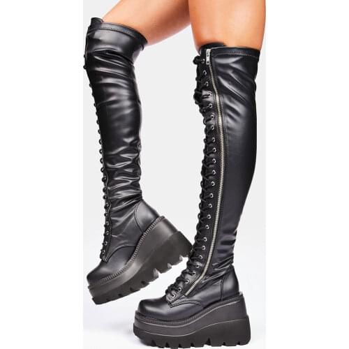 GIGIFOX Brand New Fashion Gothic Style Big Size 43 Black Halloween Cospaly Gift Vampire Cool Wedges Thigh Boots Woman Shoes