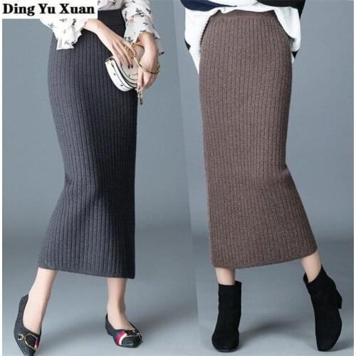 Womens Autumn Winter Knitted Long Skirt High Waist Split Pencil Skirt Women Package Hip Elastic Maxi Skirts Korean Khaki Grey