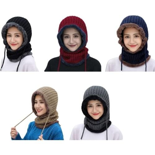 Women Winter Warm Cable Knitted Balaclava Hat Plush Lined Thermal Windproof Full Cover Drawstring Earflap Hood Cap Scarf