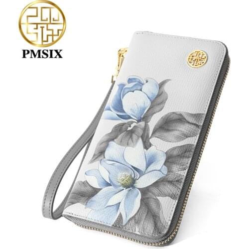 PMsix Fashion Floral Print Cow leather women Wallet Long zipper Purse Large capacity Ladies' Clutch Card Bag Mobile Phone Bag