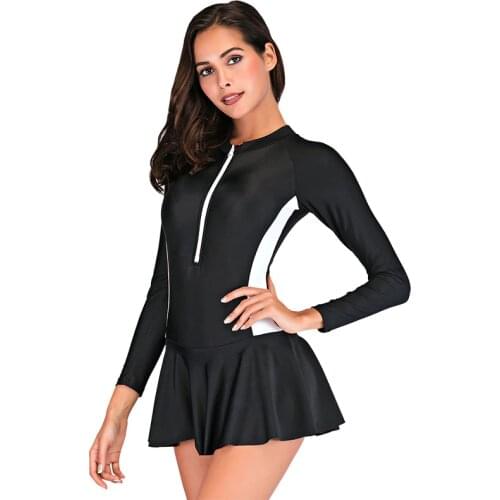 Womens Long Sleeve Rash Guard UV Protection Front Zip One Piece Swimsuit Surfing Bathing Suit Skirted Swimwear Rashguards