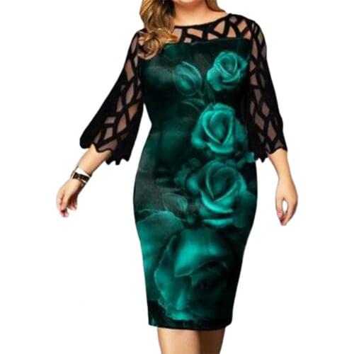 Women Formal Dress 2021 Digital Print Lace Floral Print Women 3/4 Sleeve Round Neck Dress Patchwork Dress for Dating