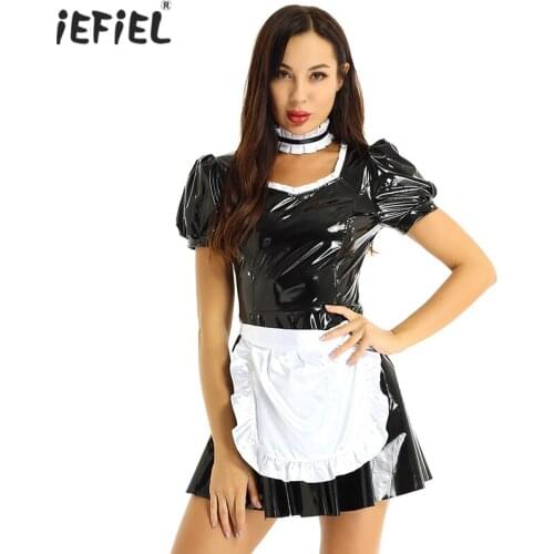 Women Adults French Maid Latex Dress Cosplay Costume Wetlook Outfit Puff Sleeves A-line Patent Leather Dress Fancy Sexy Clubwear