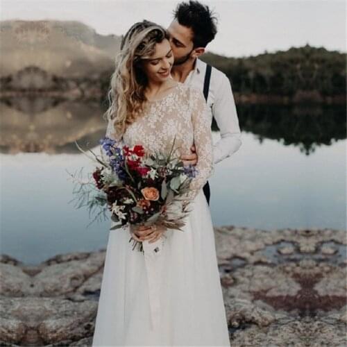 Boho Long Sleeve Backless Wedding Dresses Top Lace Appliques 2021 Bridal Gowns Sweep Train Vestido De Noiva