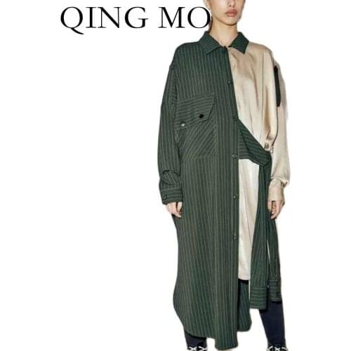 QING MO 2021 Summer Autumn Fashion New Women Dress Loose Casual Striped Stitching Shirt Skirt Trend Irregular Dress ZWL274