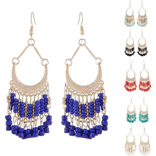 1 Pair Bohemia Drop Earrings Ethnic Rainbow Beads Feather Dangle Drop Earrings for Women Female Boho Jewelry Accessories Fashion