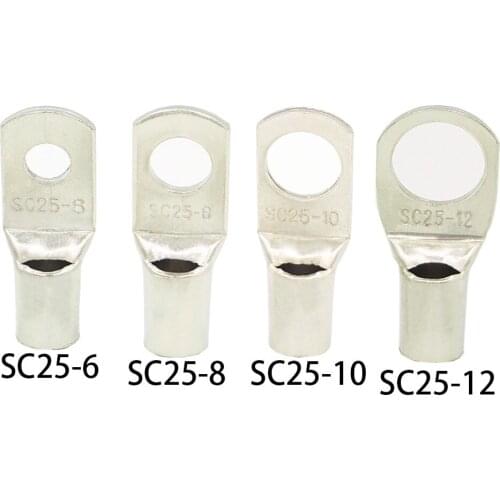 10PCS SC25-6 25-8 25-10 25-12 Copper Cable Lug Kit Bolt Hole Tinned Cable lugs Battery Terminals copper nose Wire connector