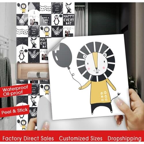 10pcs/set Nordic Style Cartoon Animals Hard Tiles Wall Sticker Kitchen Wardrobe Home Decor Wallpaper Peel & Stick PVC Art Mural