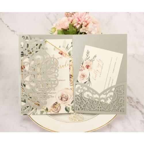 20pcs trifold pocketfold design Laser Cut Wedding invitation Cards three folded card Greeting invitation for party anniversary
