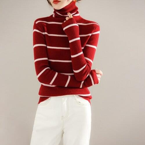 2021 woman winter 100% Cashmere sweaters knitted Pullovers jumper Warm Female Turtleneck blouse striped long sleeve clothing