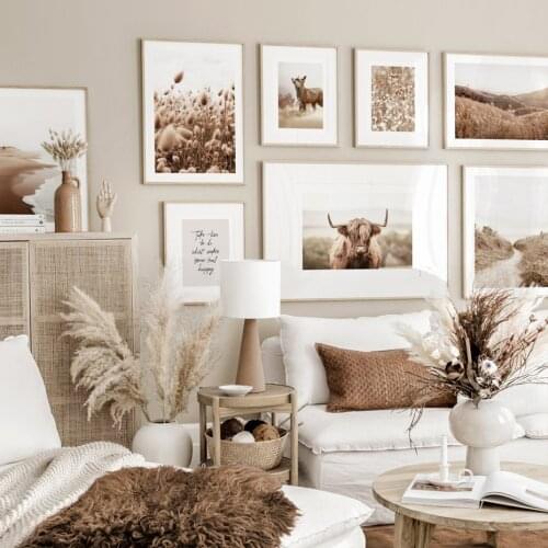 Abstract Dried Floral Highland Cow Landscape Poster Canvas Painting Wall Art Print Picture Living Room Interior Home Decoration