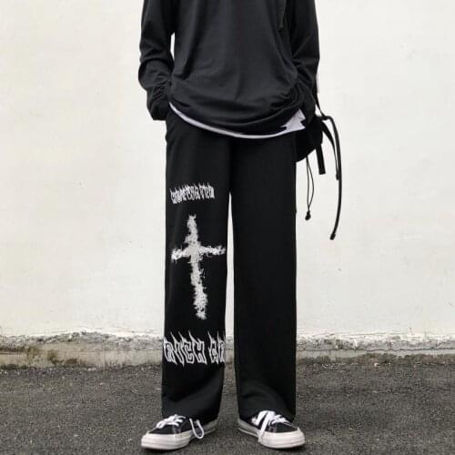 Black Cross Trousers Teens Autumn Men High Street Loose Sweatpants Hip Hop Streetwear Male Pants Harajuku Japan Funny Punk Pants
