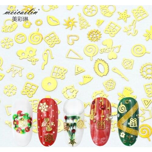 Hot Sale 1 Pack New 3D Metal Ultra-thin Slice Mix Style K Gold Snowflake Candy Gear DIY Christmas Nail Art Decorations Tools