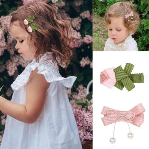 Good Quality Toddlers Kids Hair Accessories 4pcs/set Grosgrain Ribbon Rose Barrettes Pearl Pendent Bows Hair Clips for Girls