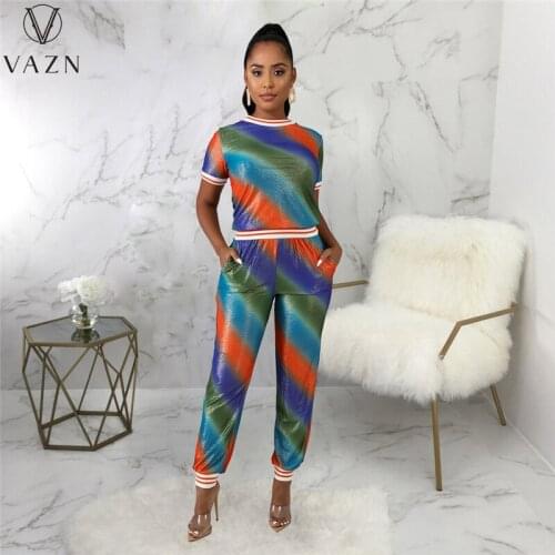 VAZN 2021 Hot Sales Striped High-end Young Overalls Free Casual Short Sleeve Top Long Pencil Pants Slim Women 2 Piece Set