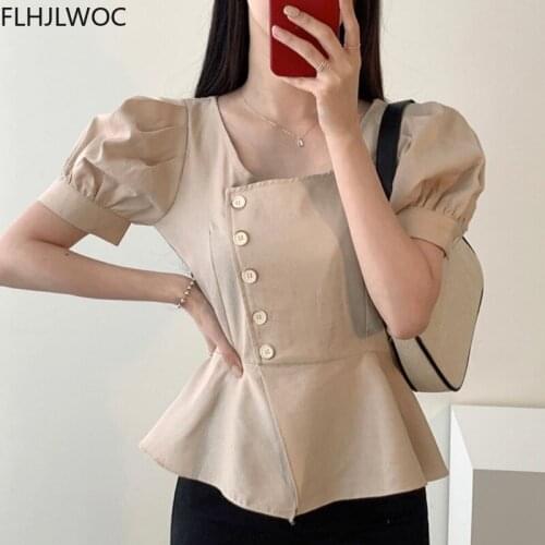 Cute Sweet Peplum Ruffles Tops Women Korean Japan Preppy Style Girls Ladies Design Cotton Blends Single Breasted Button Shirts