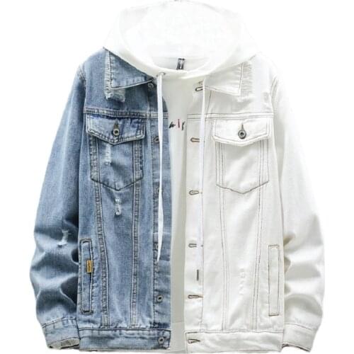 Spring Autumn Mens Contrast Denim Jacket Hip-Hop Loose Fashion Ripped Personality Stitching Bomber Youth Jeans Clothes Coats