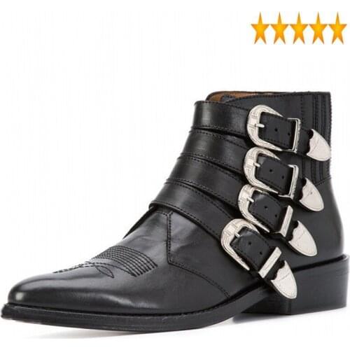 Buckle Cowboy Runway Mens Top Quality Cowhide Real Leather Riding Chelsea Boots Pointed Toe Med Heels Biker Safety Shoes