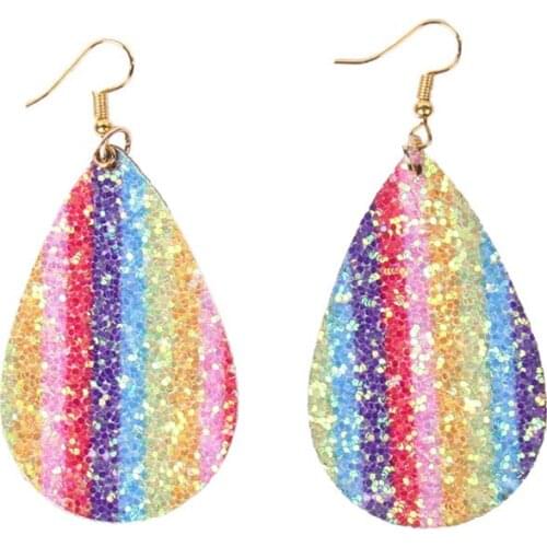 ZWPON 2020 New Glitter Rainbow Teardrop Leather Earrings Print Looking Various MultiColors Leather Dangle Drop Earrings Women