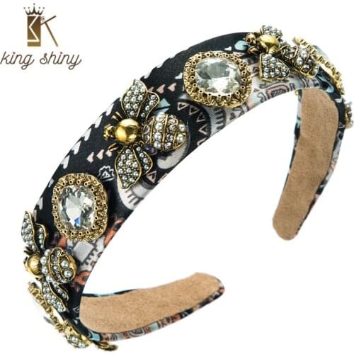 King Shiny Vintage Baroque Imitation Pearl Bee Headband Ethnic Sparkly Crystal Print Fabric Hairband Girl Party Hair Accessories