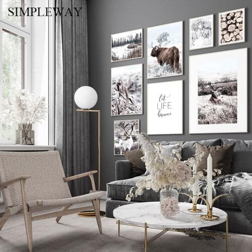 Nature Landscape Canvas Print Scandinavian Poster Nordic Style Animal Deer Cow Wall Art Painting Picture Modern Home Decoration