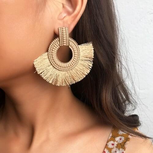 Bohemia Brincos Light Brown Exaggerated Cotton Rope Tassel Pendant Drop Earrings For Women Statement Jewelry