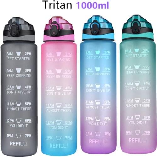 1L Tritan Sports Water Bottles With Time Marker Leakproof BPA Free Drinking Cup With Straw Hiking Gym Climbing Camping Bottle
