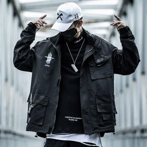Reflective Hip Hop Cargo Jacket Coat Men Streetwear Tactical Functional Multi-pocket Hoody Casual Windbreaker Outerwear Techwear