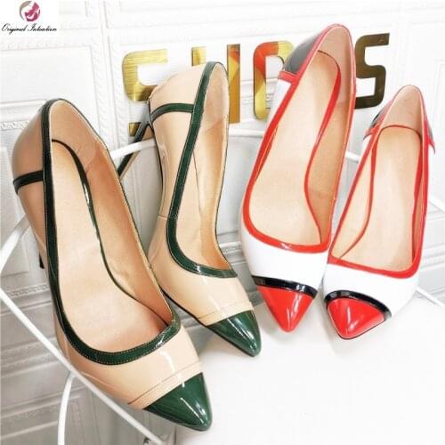 Red White Green Apricot Patent Leather Cut Out Dress Pumps Women 12cm Thin High Heels Patchwork Pointed Toe Wedding Shoes Ladies
