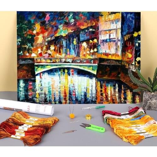 Green Bridge Printed Water-Soluble Canvas 11CT Cross Stitch Kit DIY Embroidery DMC Threads Handiwork Painting Floss