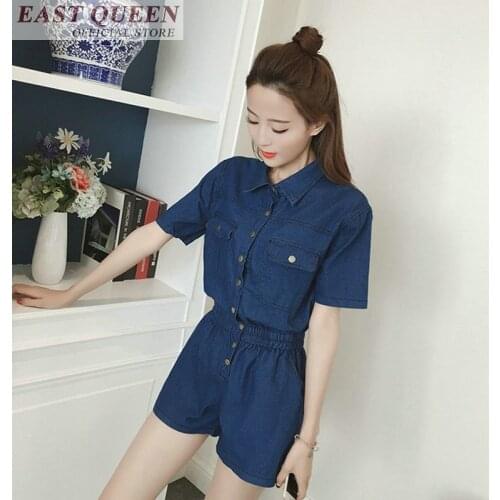 Summer beach women playsuits 2018 solid button short sleeve straight tunics for beach elegant casual jumpsuits DD698 L