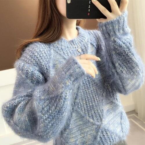O-neck Diamond Knit Sweater Womens Autumn Winter Wear 2021 New Style Korean Casual Loose Ladies Bottoming Splicing Sweater Top