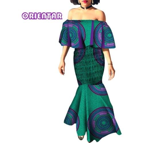 2020 African Dresses for Women Slash Neck Dress with Elastic Waist African Print Ankara Dresses Plus Size Clothing WY4663