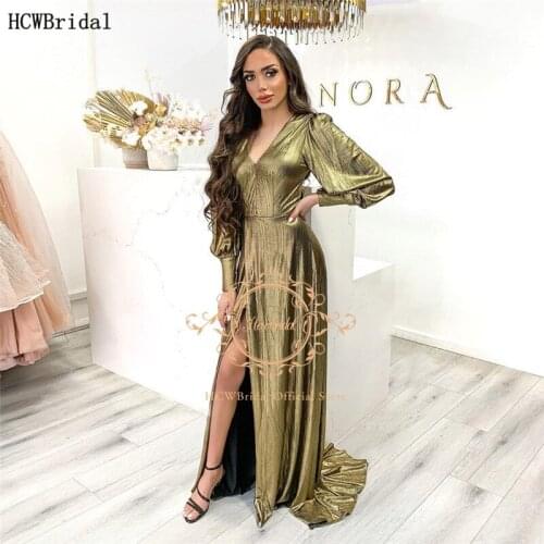Shiny Gold Long Sleeves Arabic Evening Dress With Slit V Neck A Line Plus Size Women Formal Dresses Long Elegant Prom Gowns