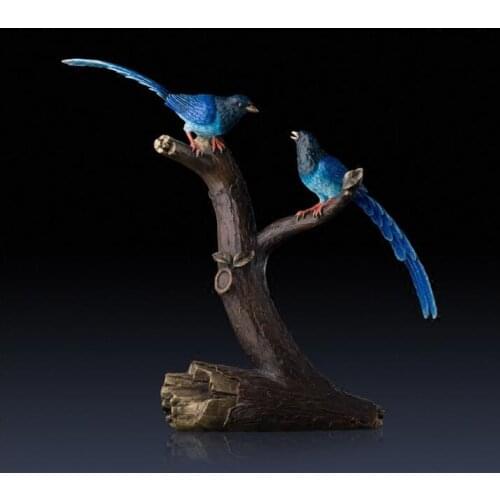 43 CM Chinese Art Deco Pure Brass painted Blue magpie bird Tree branch sculpture Decoration Home Furnishings Gift Statue